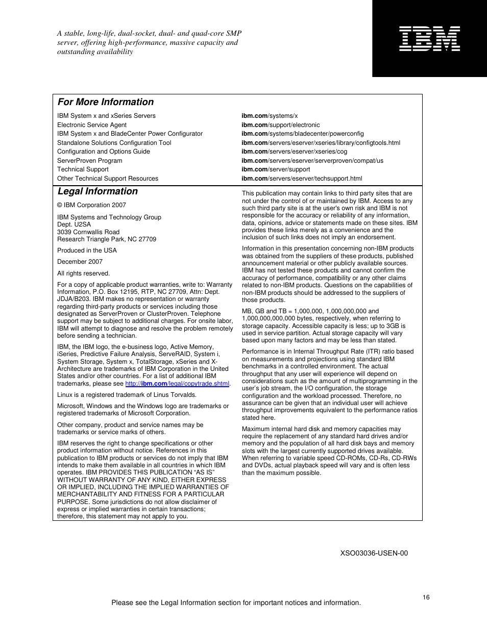 For more information, Legal information | IBM X3500 User Manual | Page 16 / 16