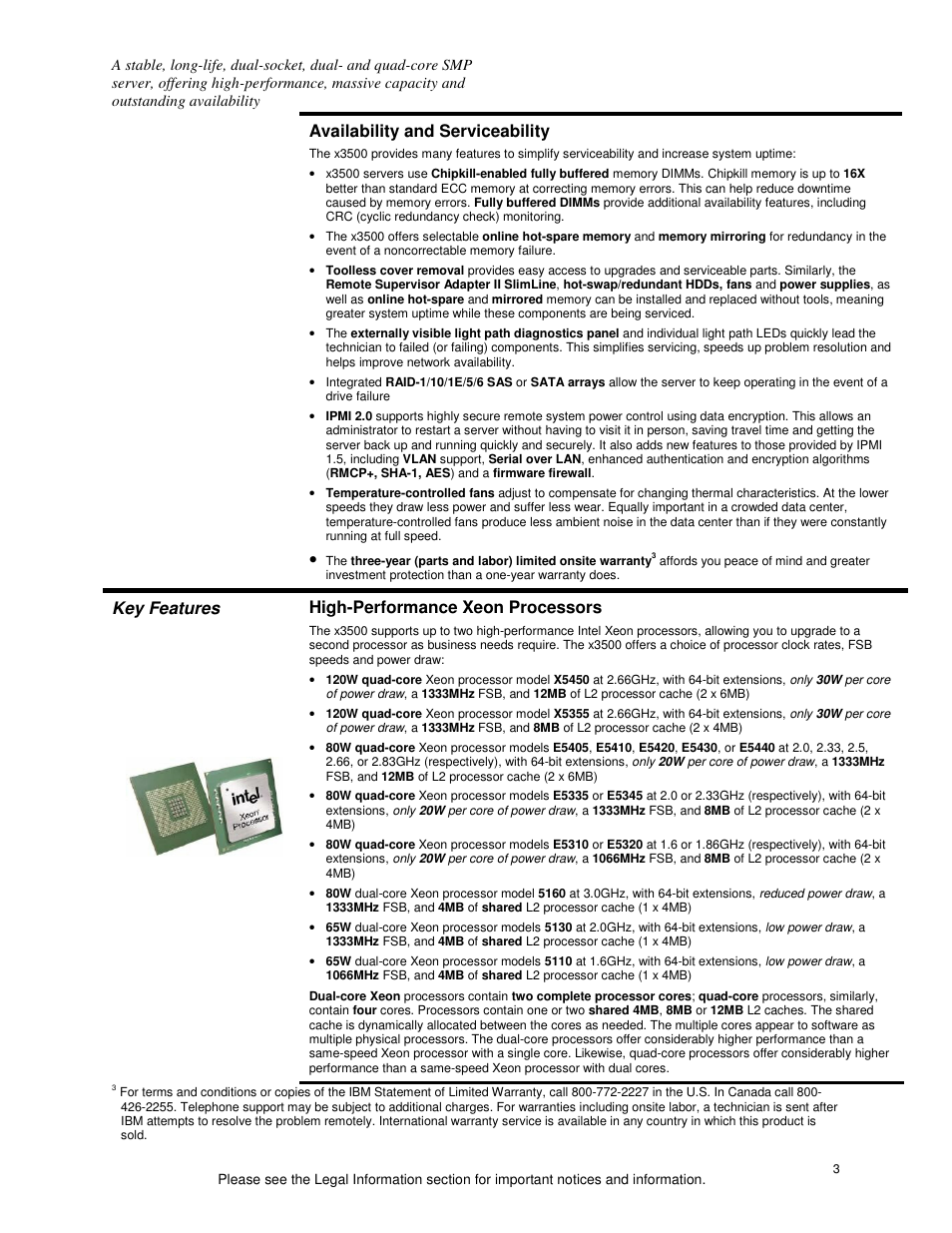 Availability and serviceability, Key features high-performance xeon processors | IBM X3500 User Manual | Page 3 / 16
