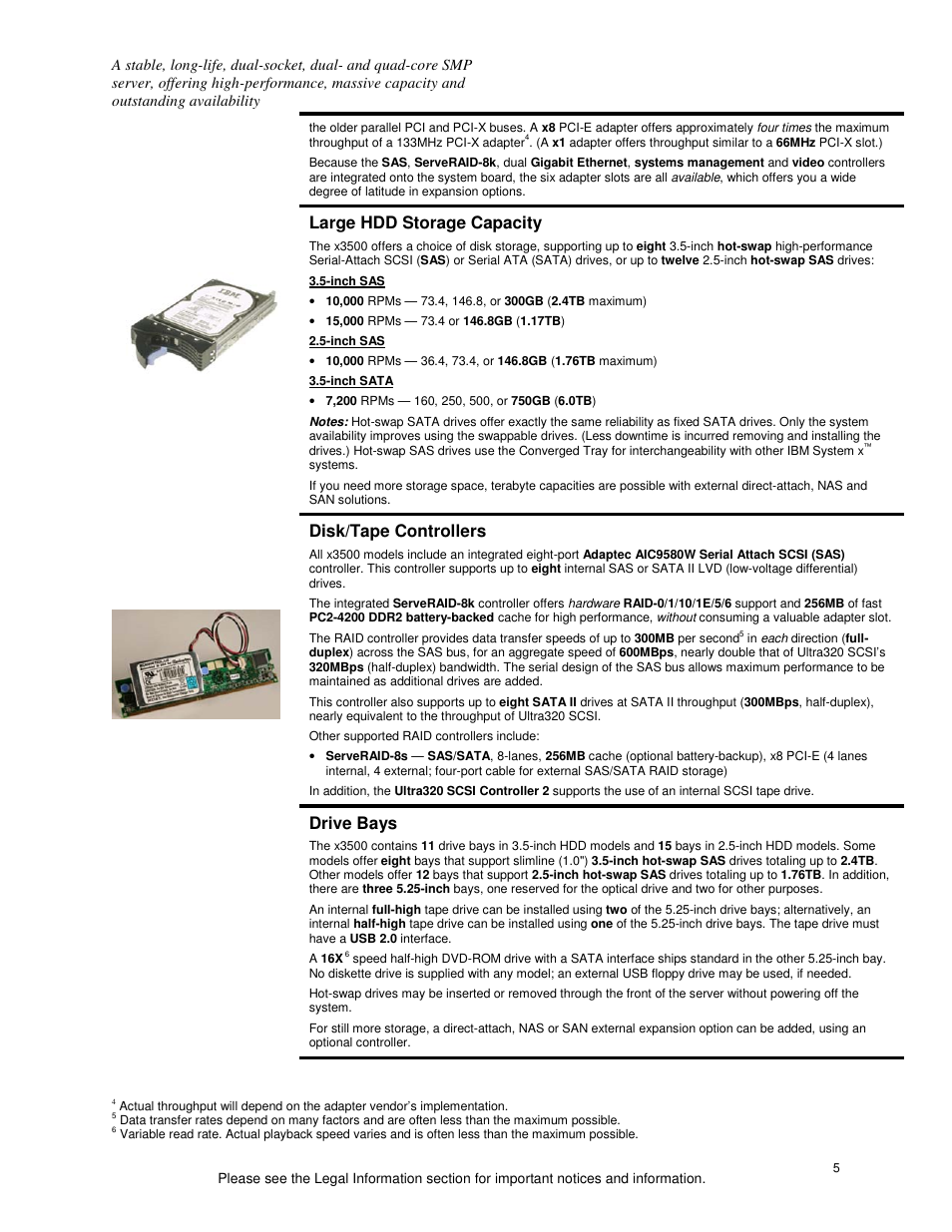 Large hdd storage capacity, Disk/tape controllers, Drive bays | IBM X3500 User Manual | Page 5 / 16