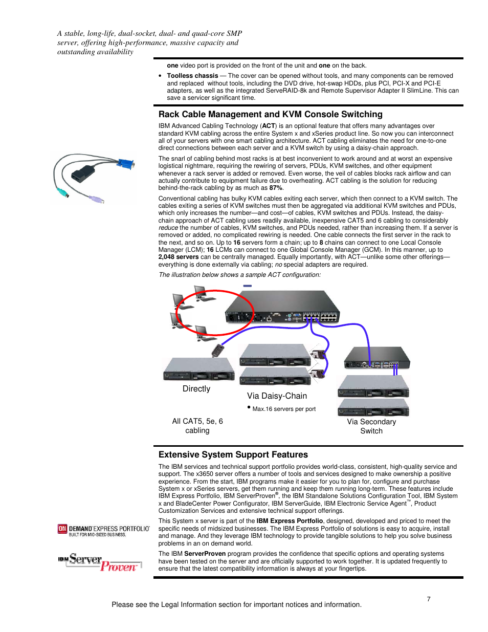 Rack cable management and kvm console switching, Extensive system support features | IBM X3500 User Manual | Page 7 / 16