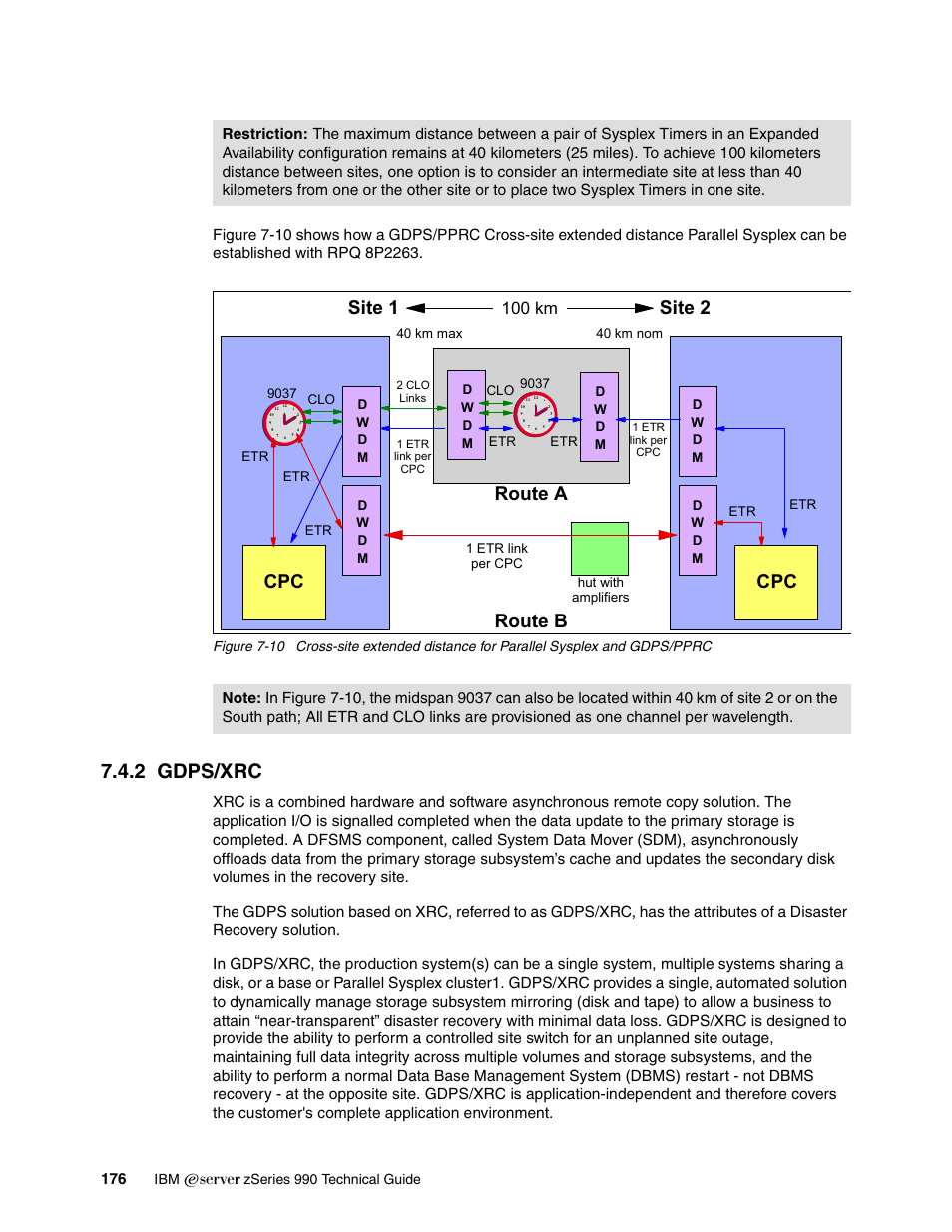 2 gdps/xrc, Site 1 site 2, Route a route b | 100 km | IBM 990 User Manual | Page 188 / 284