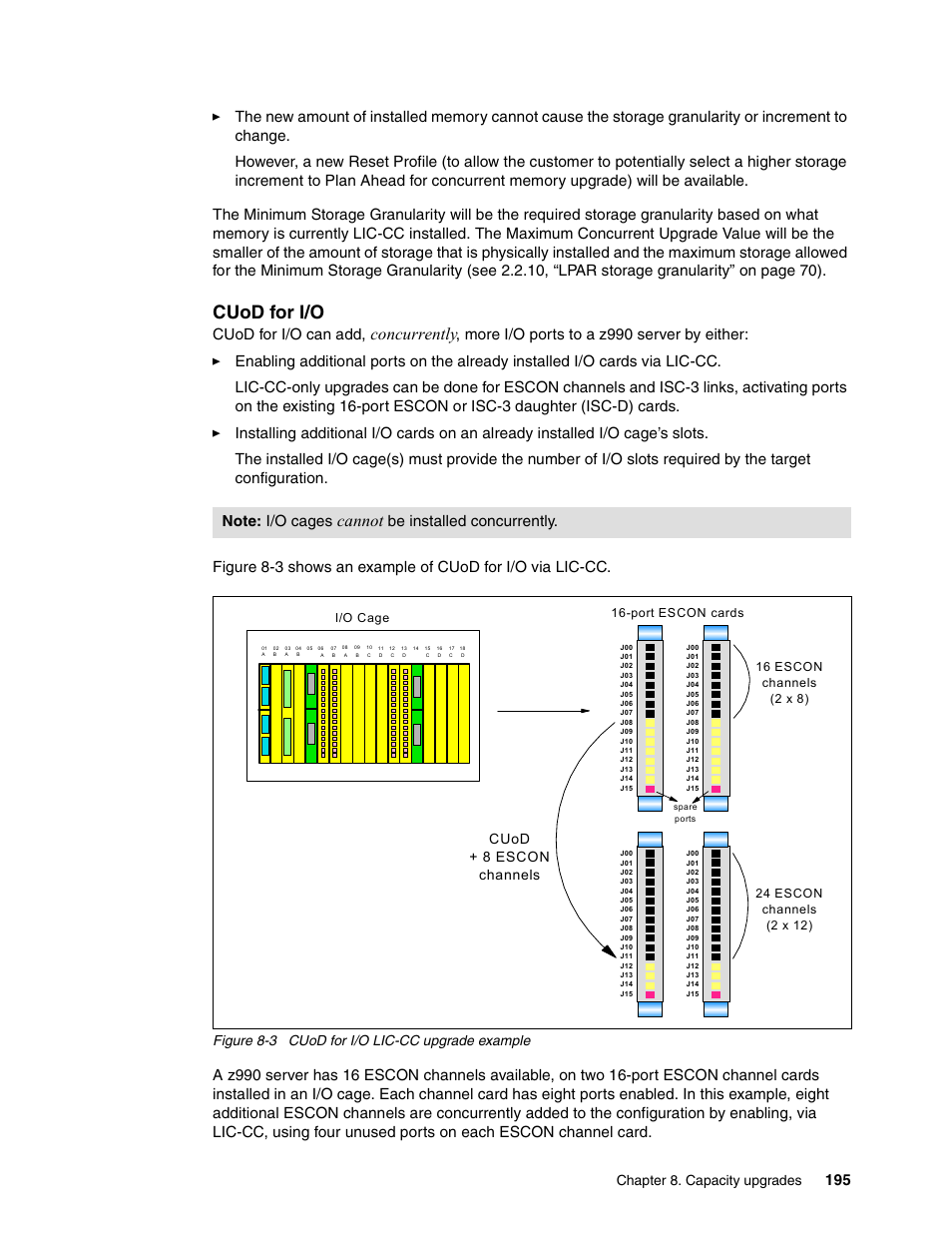 Cuod for i/o, Concurrently, Cannot | Cuod for i/o can add, Be installed concurrently, Chapter 8. capacity upgrades, Figure 8-3 cuod for i/o lic-cc upgrade example, Cuod + 8 escon channels | IBM 990 User Manual | Page 207 / 284