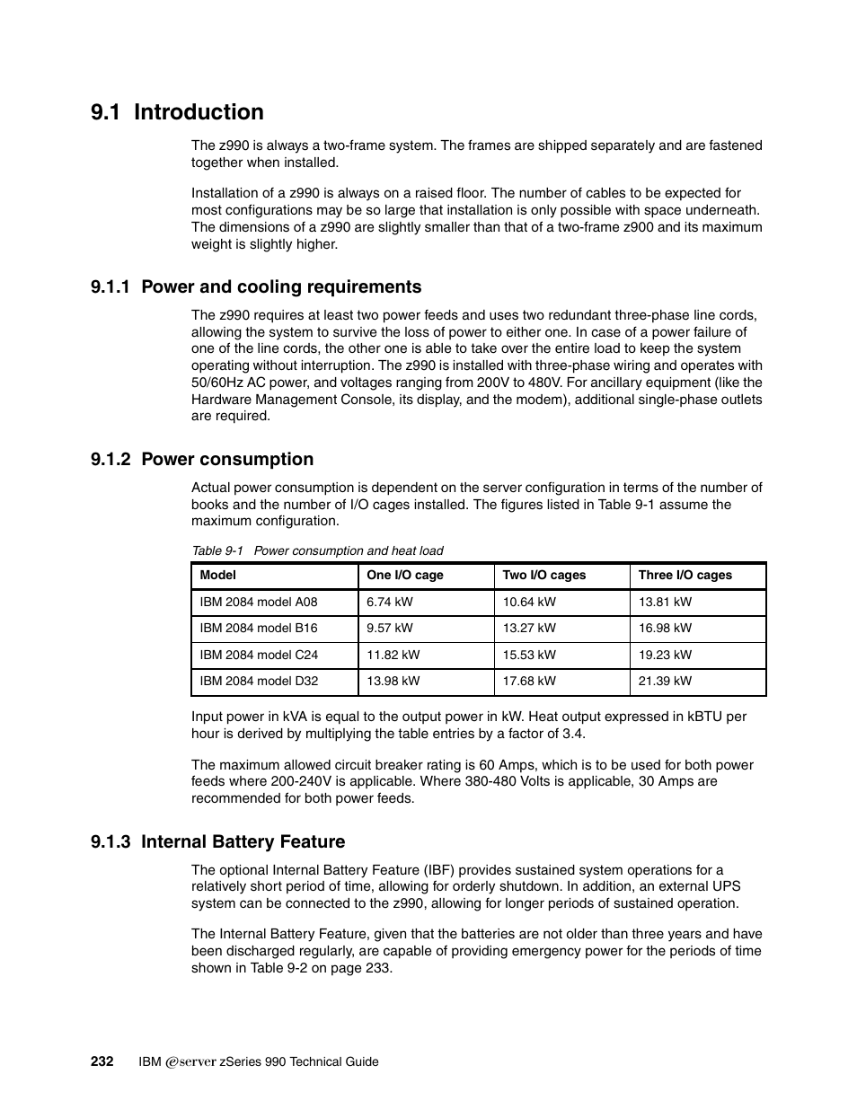 1 introduction, 1 power and cooling requirements, 2 power consumption | 3 internal battery feature | IBM 990 User Manual | Page 244 / 284