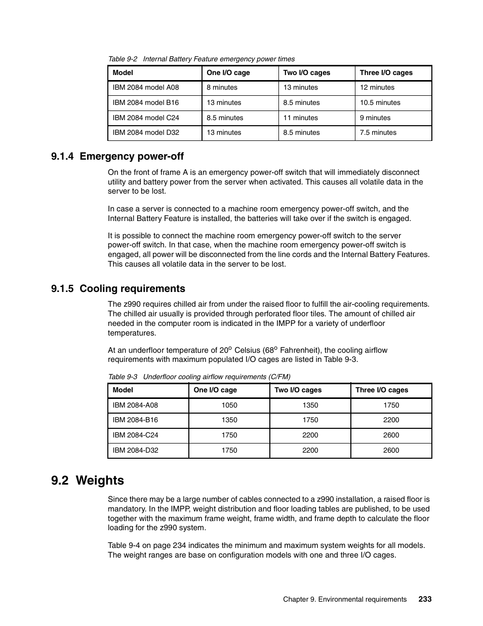 4 emergency power-off, 5 cooling requirements, 2 weights | 4 emergency power-off 9.1.5 cooling requirements | IBM 990 User Manual | Page 245 / 284