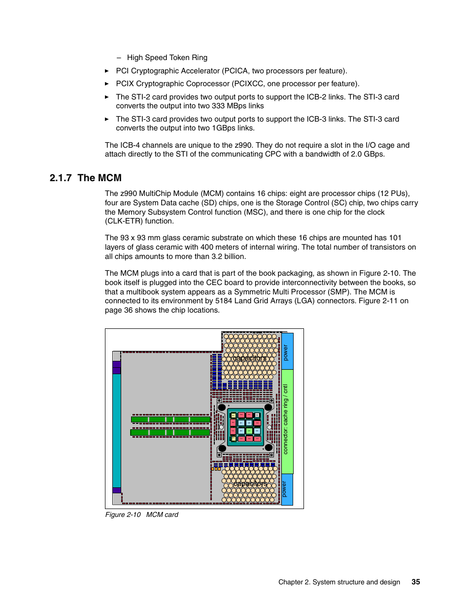 7 the mcm, Capacitors, Chapter 2. system structure and design | Figure 2-10 mcm card | IBM 990 User Manual | Page 47 / 284