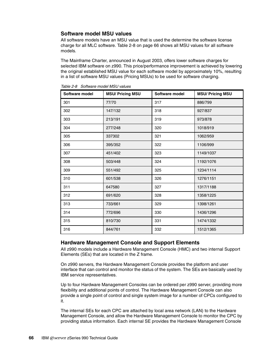 Software model msu values, Hardware management console and support elements | IBM 990 User Manual | Page 78 / 284