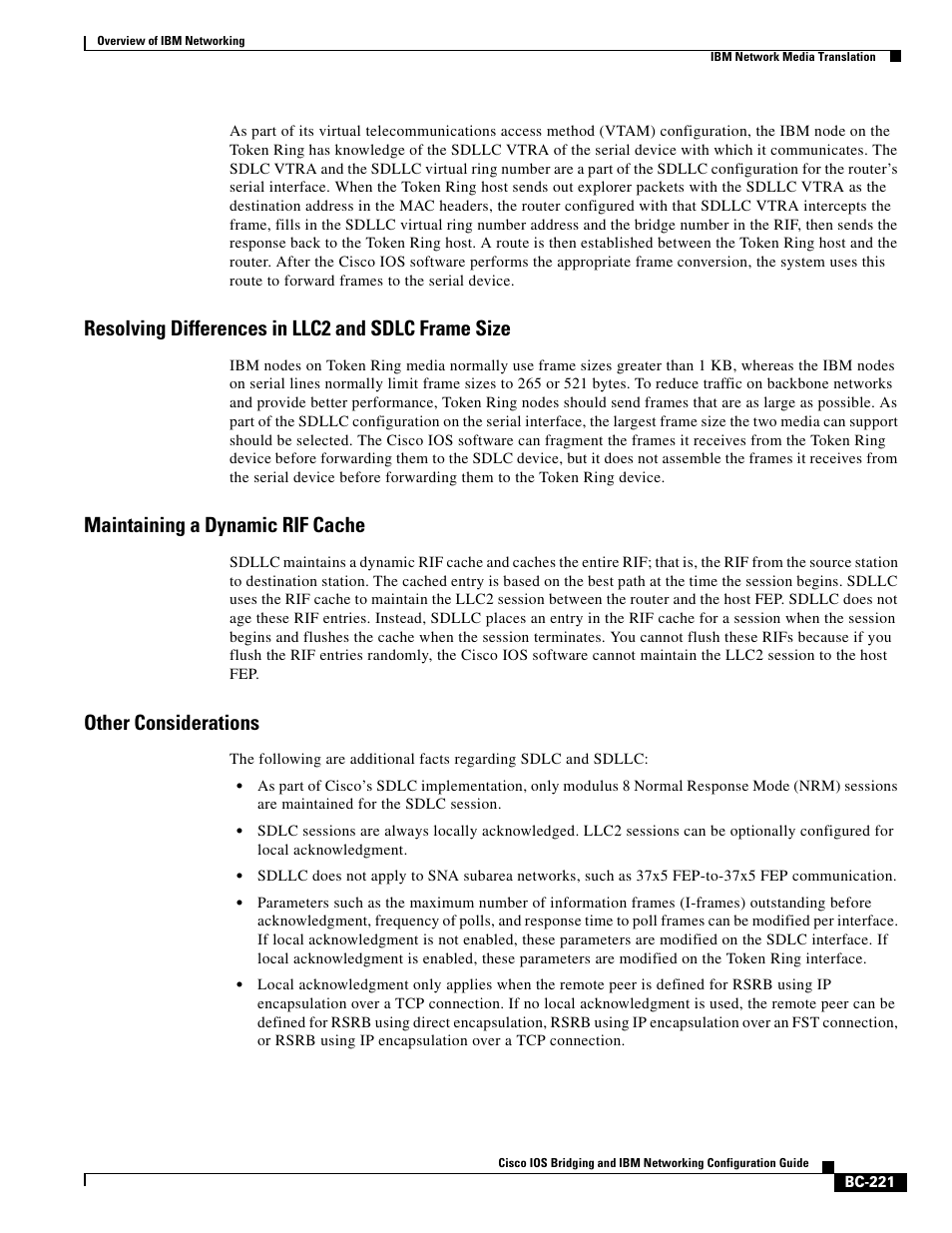 Resolving differences in llc2 and sdlc frame size, Maintaining a dynamic rif cache, Other considerations | IBM BC-203 User Manual | Page 19 / 52