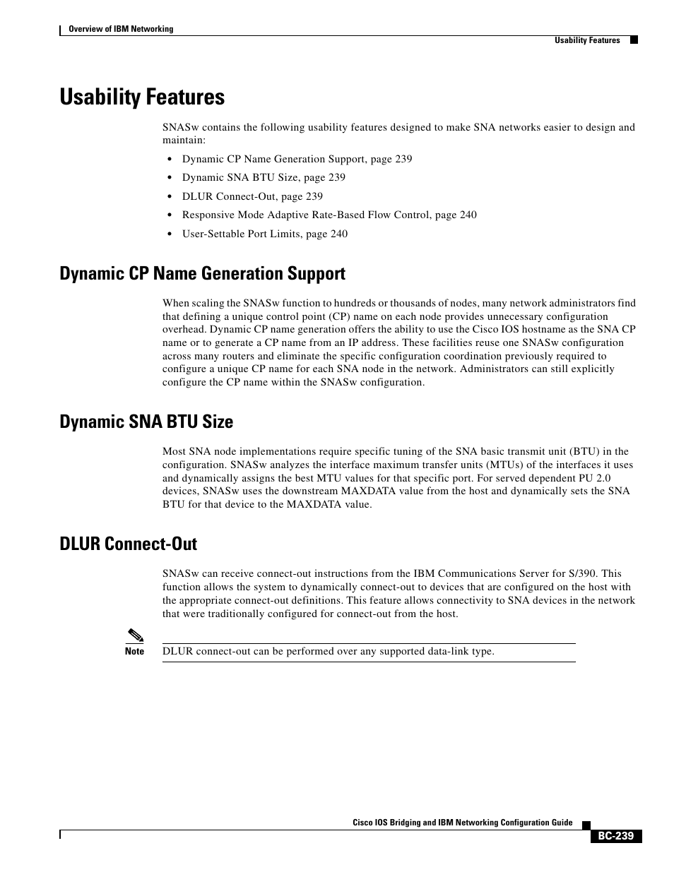 Usability features, Dynamic cp name generation support, Dynamic sna btu size | Dlur connect-out | IBM BC-203 User Manual | Page 37 / 52