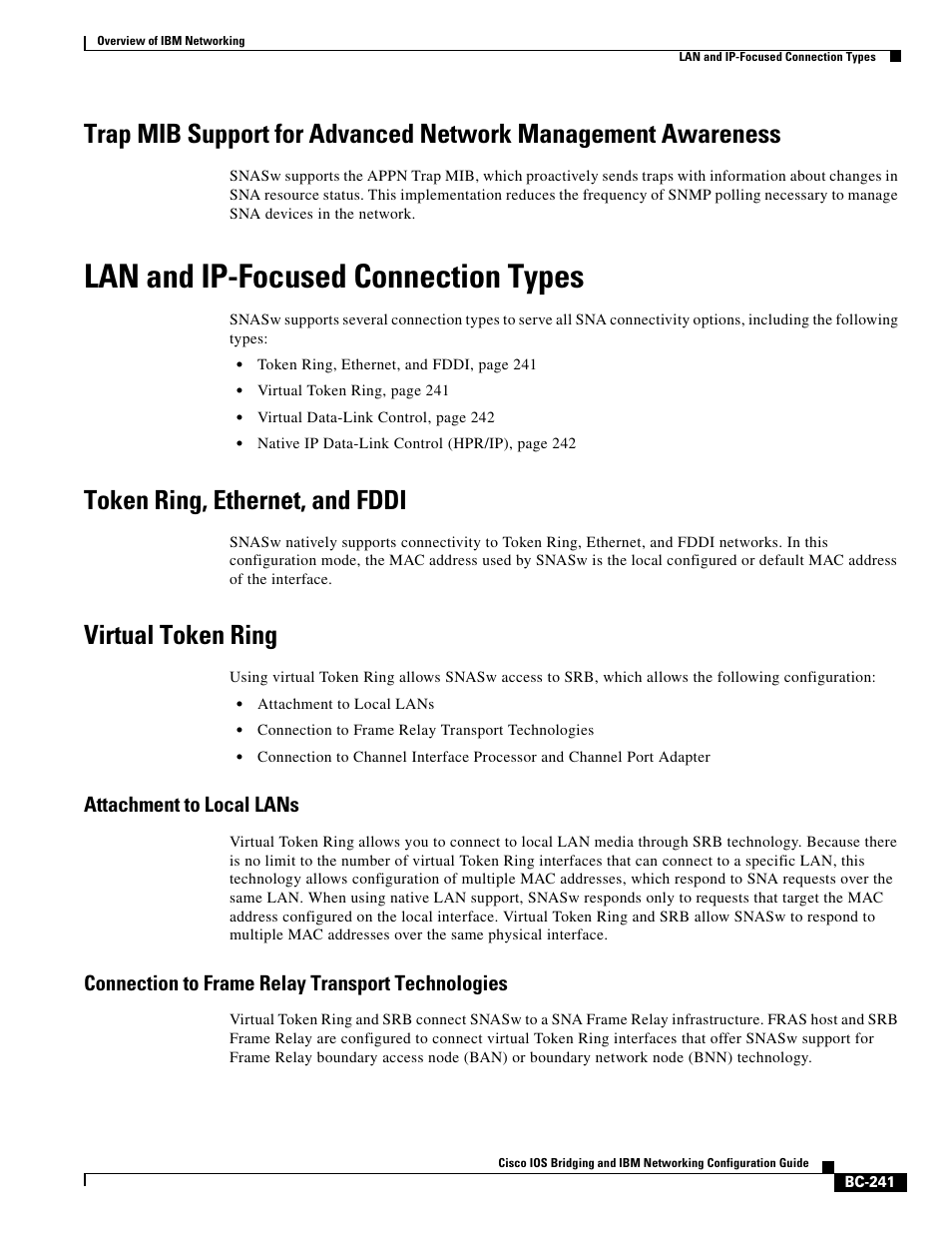 Lan and ip-focused connection types, Token ring, ethernet, and fddi, Virtual token ring | Attachment to local lans, Connection to frame relay transport technologies | IBM BC-203 User Manual | Page 39 / 52