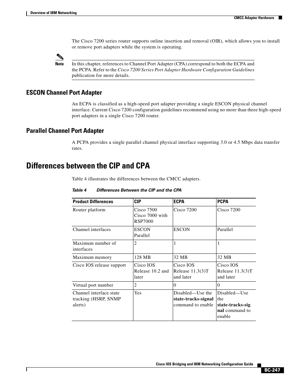 Escon channel port adapter, Parallel channel port adapter, Differences between the cip and cpa | IBM BC-203 User Manual | Page 45 / 52