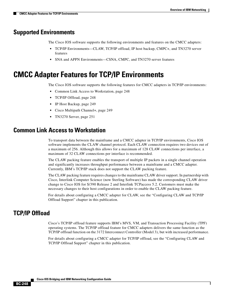 Supported environments, Cmcc adapter features for tcp/ip environments, Common link access to workstation | Tcp/ip offload | IBM BC-203 User Manual | Page 46 / 52