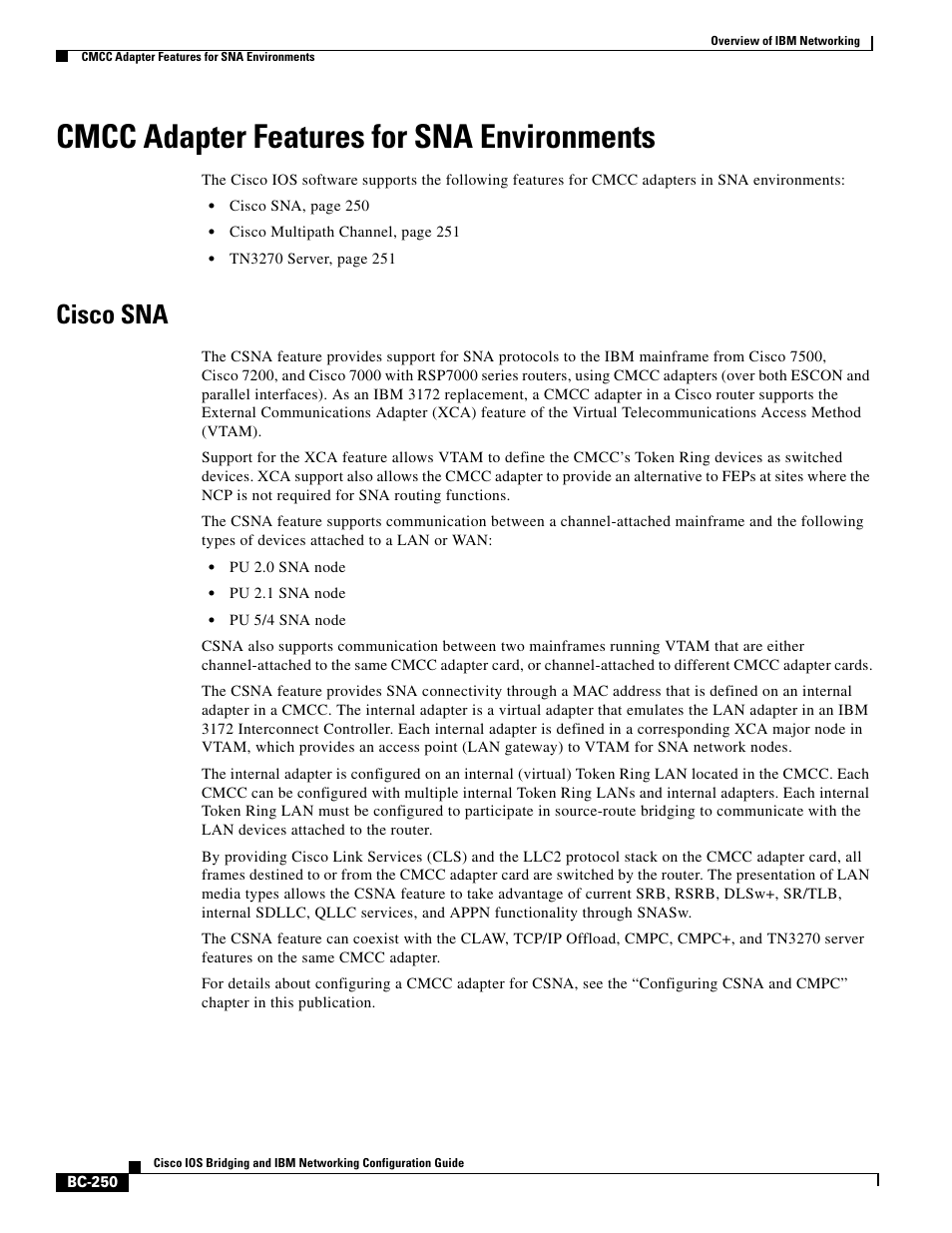 Cmcc adapter features for sna environments, Cisco sna | IBM BC-203 User Manual | Page 48 / 52