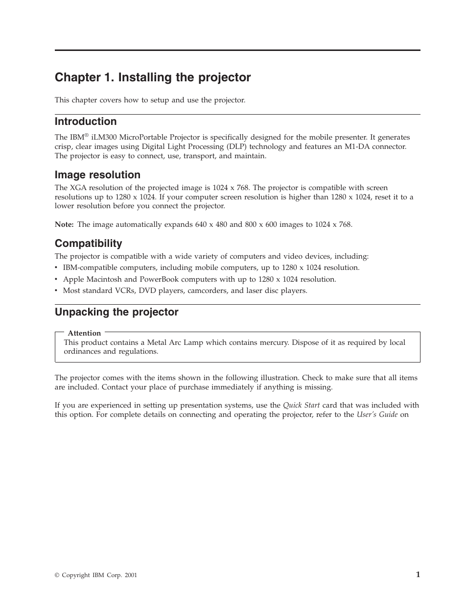 Chapter 1. installing the projector, Introduction, Image resolution | Compatibility, Unpacking the projector | IBM MICROPORTABLE ILM300 User Manual | Page 11 / 66