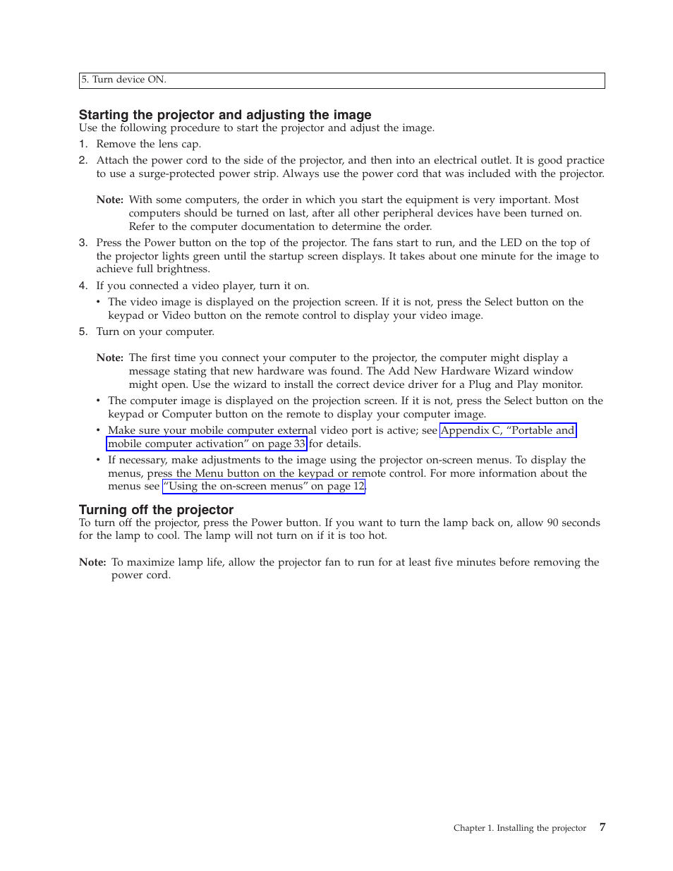 Starting the projector and adjusting the image, Turning off the projector | IBM MICROPORTABLE ILM300 User Manual | Page 17 / 66