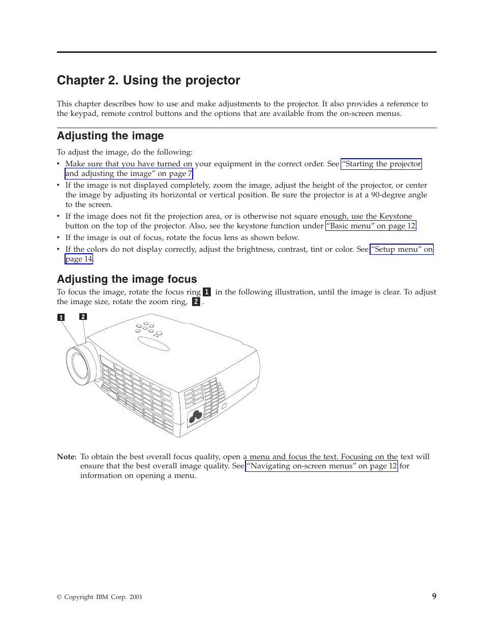 Chapter 2. using the projector, Adjusting the image, Adjusting the image focus | IBM MICROPORTABLE ILM300 User Manual | Page 19 / 66