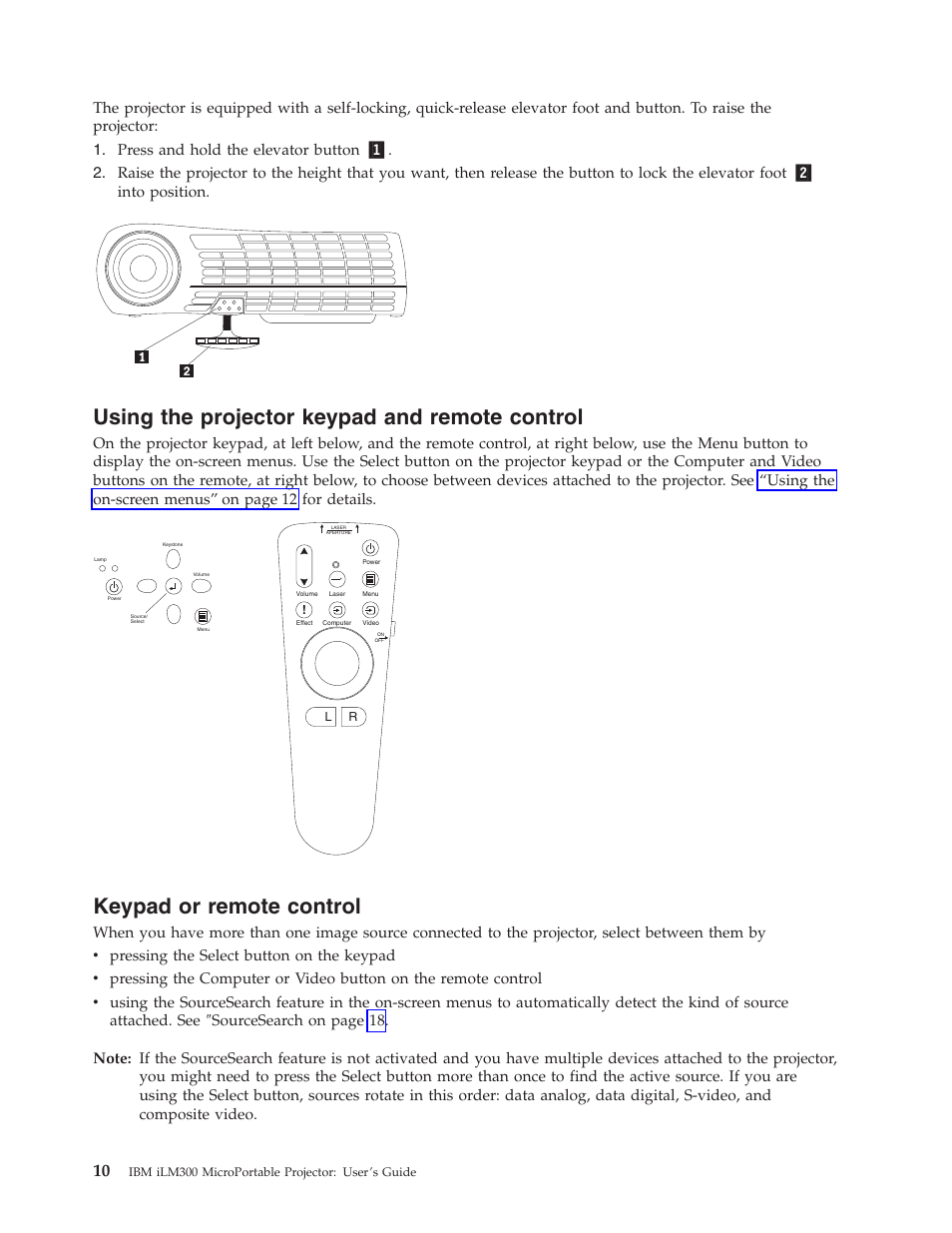 Using the projector keypad and remote control, Keypad or remote control | IBM MICROPORTABLE ILM300 User Manual | Page 20 / 66