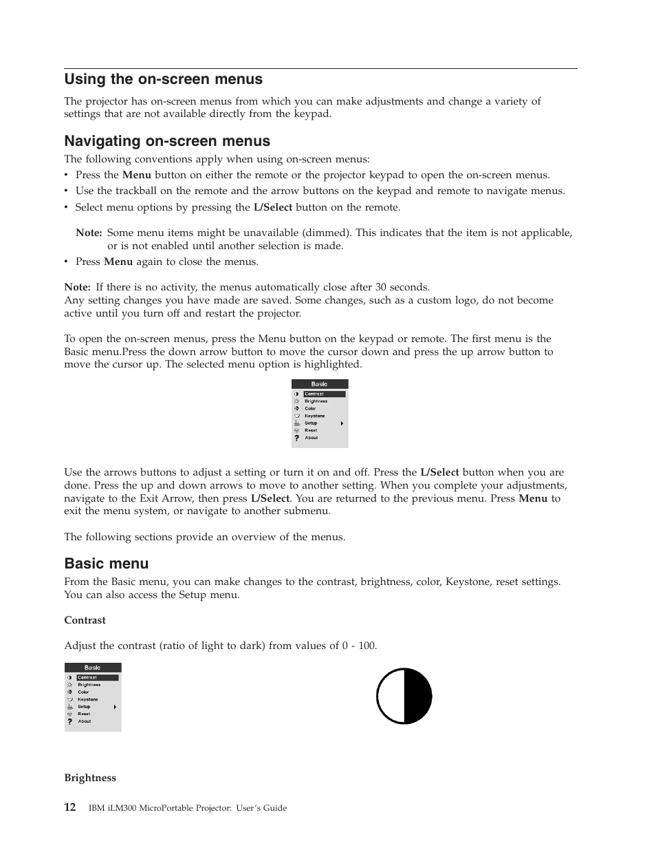 Using the on-screen menus, Navigating on-screen menus, Basic menu | IBM MICROPORTABLE ILM300 User Manual | Page 22 / 66