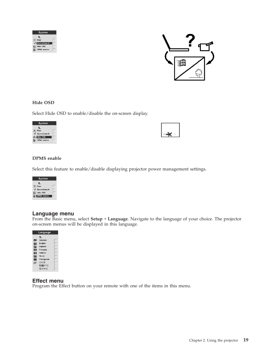 Language menu, Effect menu | IBM MICROPORTABLE ILM300 User Manual | Page 29 / 66