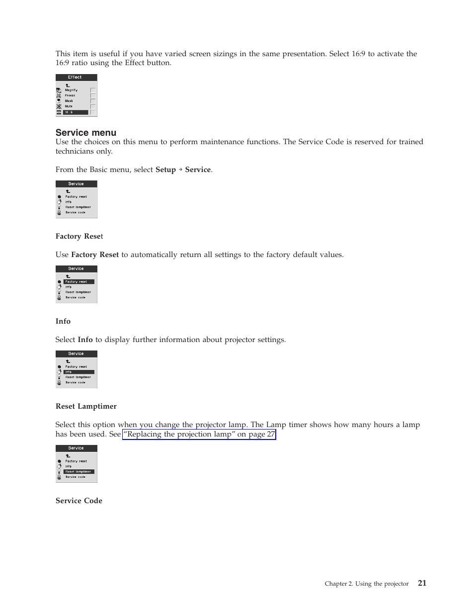 Service menu | IBM MICROPORTABLE ILM300 User Manual | Page 31 / 66