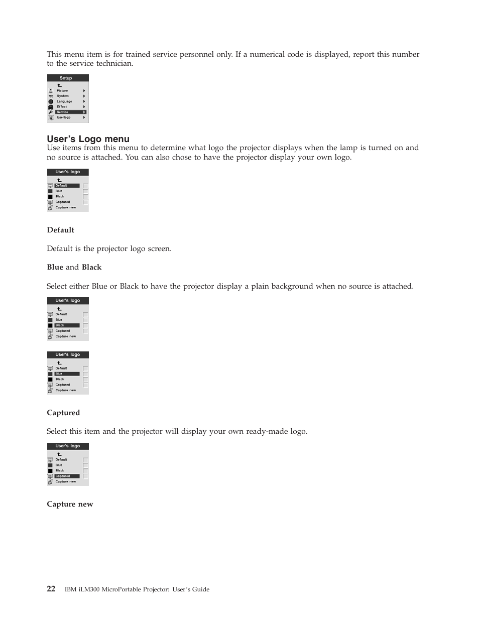 User’s logo menu | IBM MICROPORTABLE ILM300 User Manual | Page 32 / 66