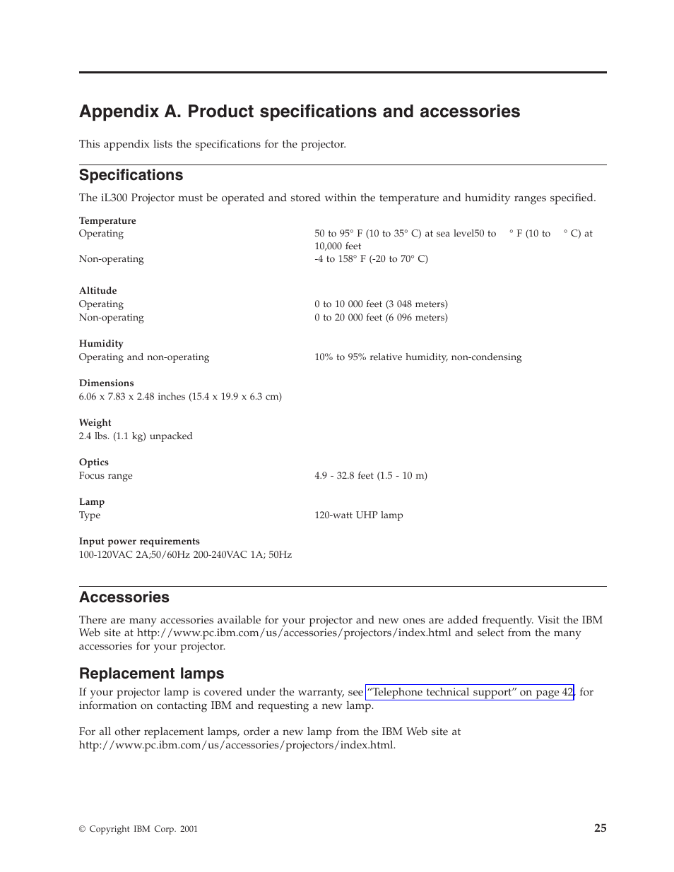 Appendix a. product specifications and accessories, Specifications, Accessories | Replacement lamps | IBM MICROPORTABLE ILM300 User Manual | Page 35 / 66