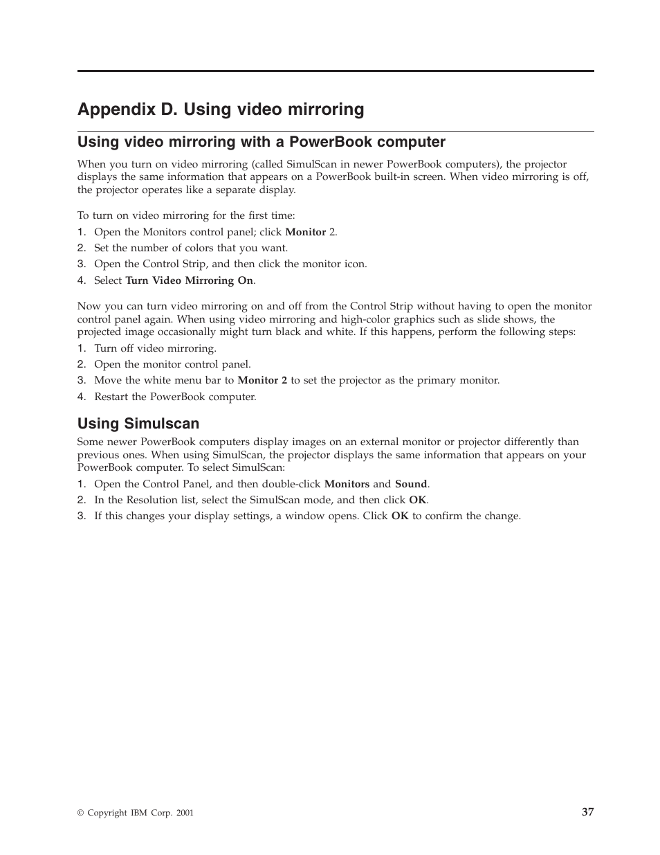 Appendix d. using video mirroring, Using video mirroring with a powerbook computer, Using simulscan | IBM MICROPORTABLE ILM300 User Manual | Page 47 / 66