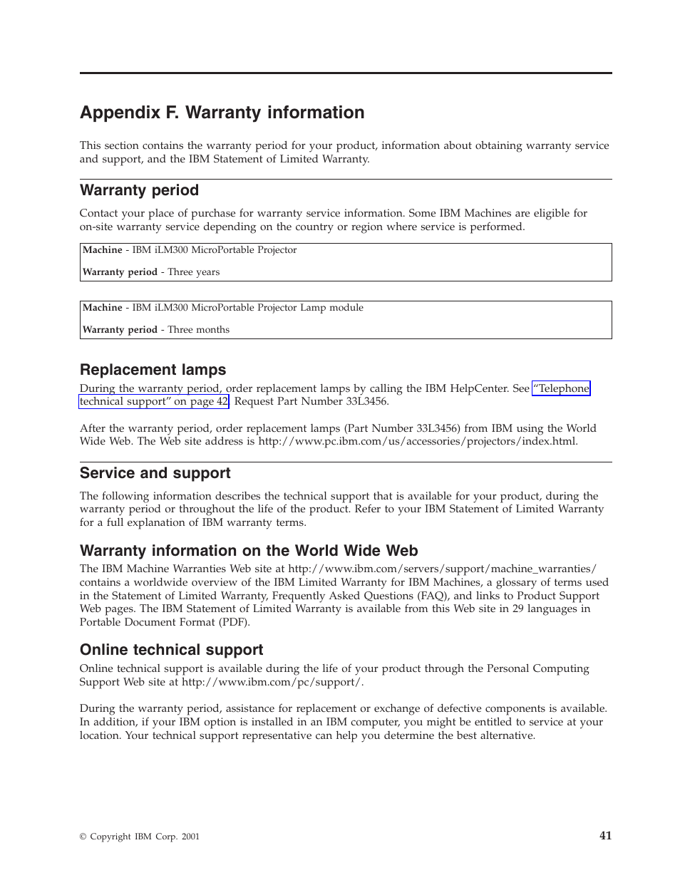 Appendix f. warranty information, Warranty period, Replacement lamps | Service and support, Warranty information on the world wide web, Online technical support | IBM MICROPORTABLE ILM300 User Manual | Page 51 / 66