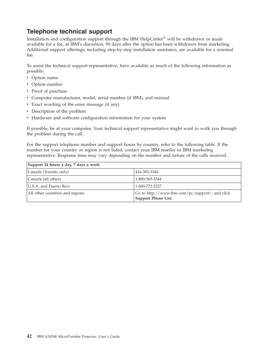 Telephone technical support | IBM MICROPORTABLE ILM300 User Manual | Page 52 / 66