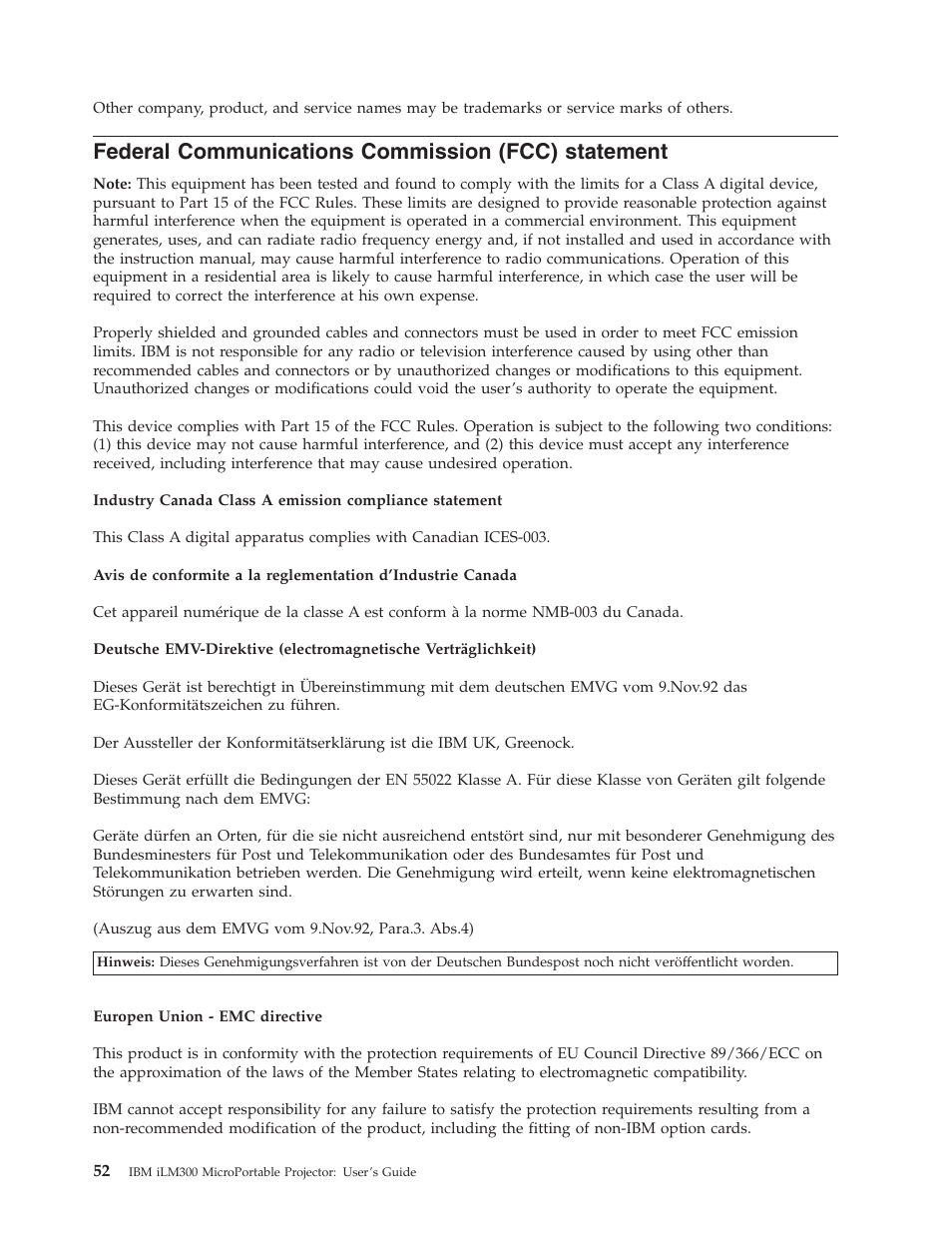 Federal communications commission (fcc) statement | IBM MICROPORTABLE ILM300 User Manual | Page 62 / 66