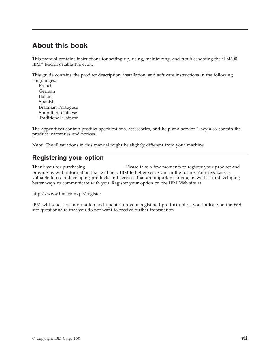 About this book, Registering your option | IBM MICROPORTABLE ILM300 User Manual | Page 9 / 66