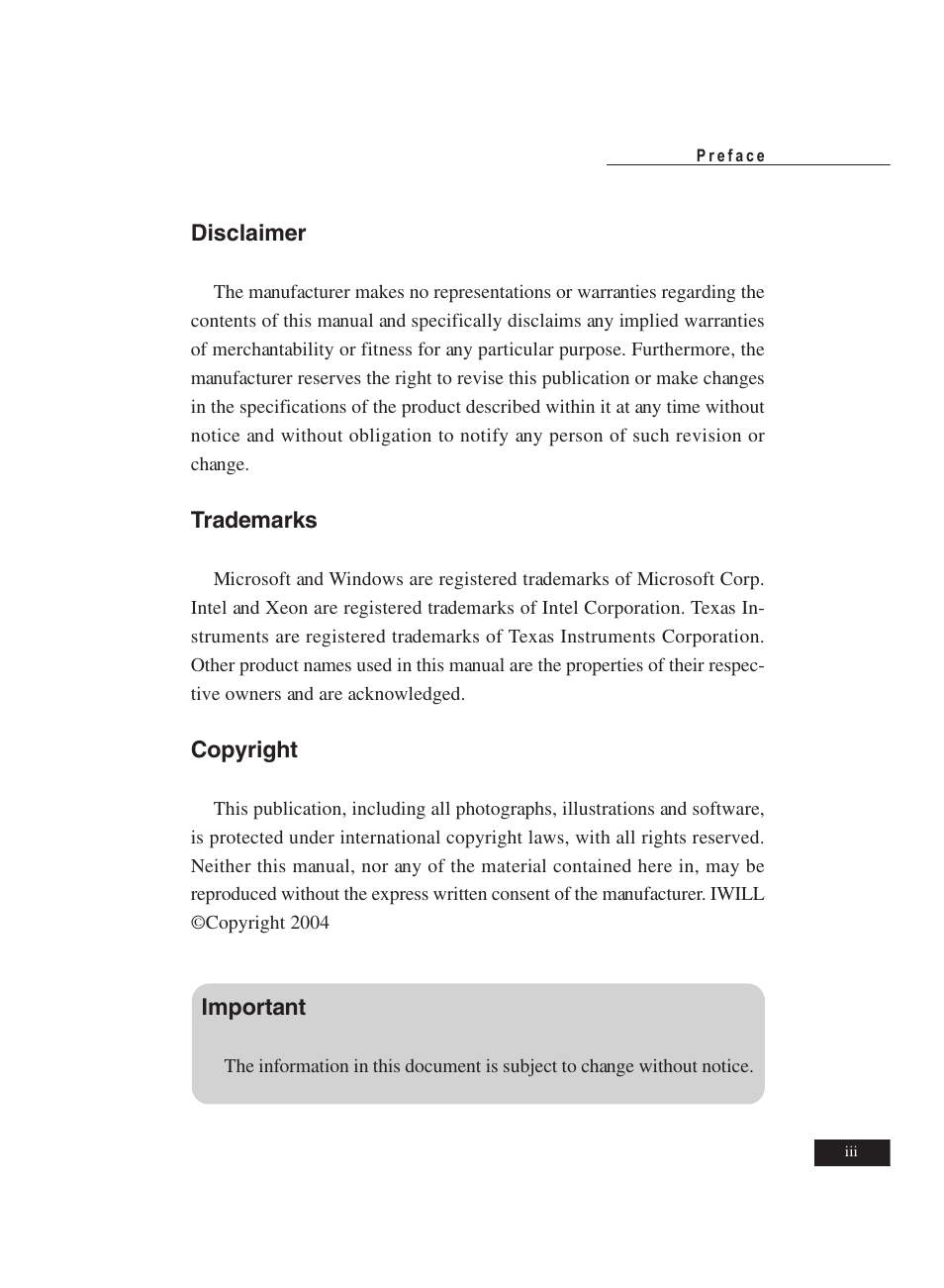 Disclaimer, Trademarks, Copyright | Important | IBM Motherboard DJ800 User Manual | Page 3 / 56