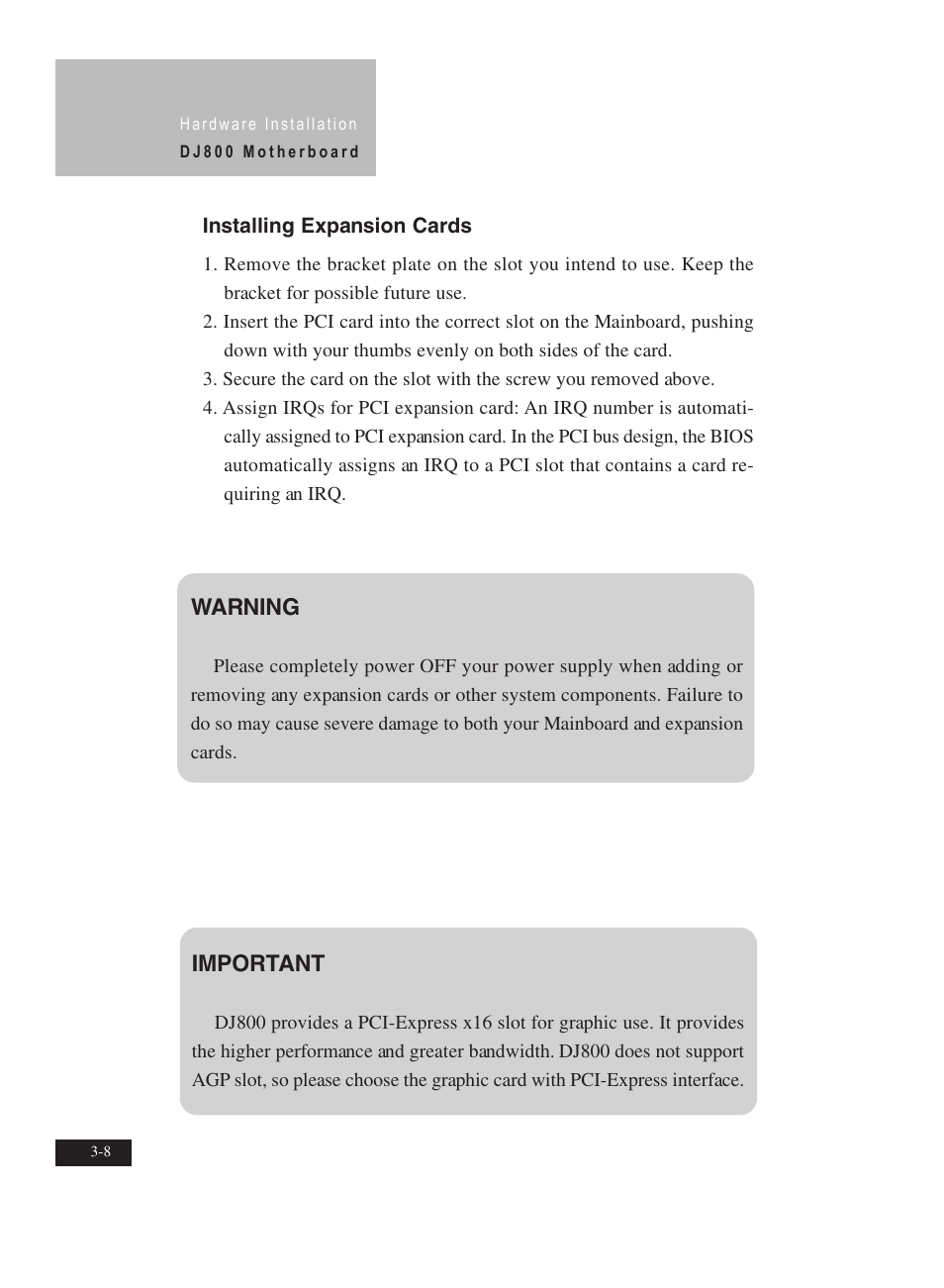 Warning, Important | IBM Motherboard DJ800 User Manual | Page 38 / 56