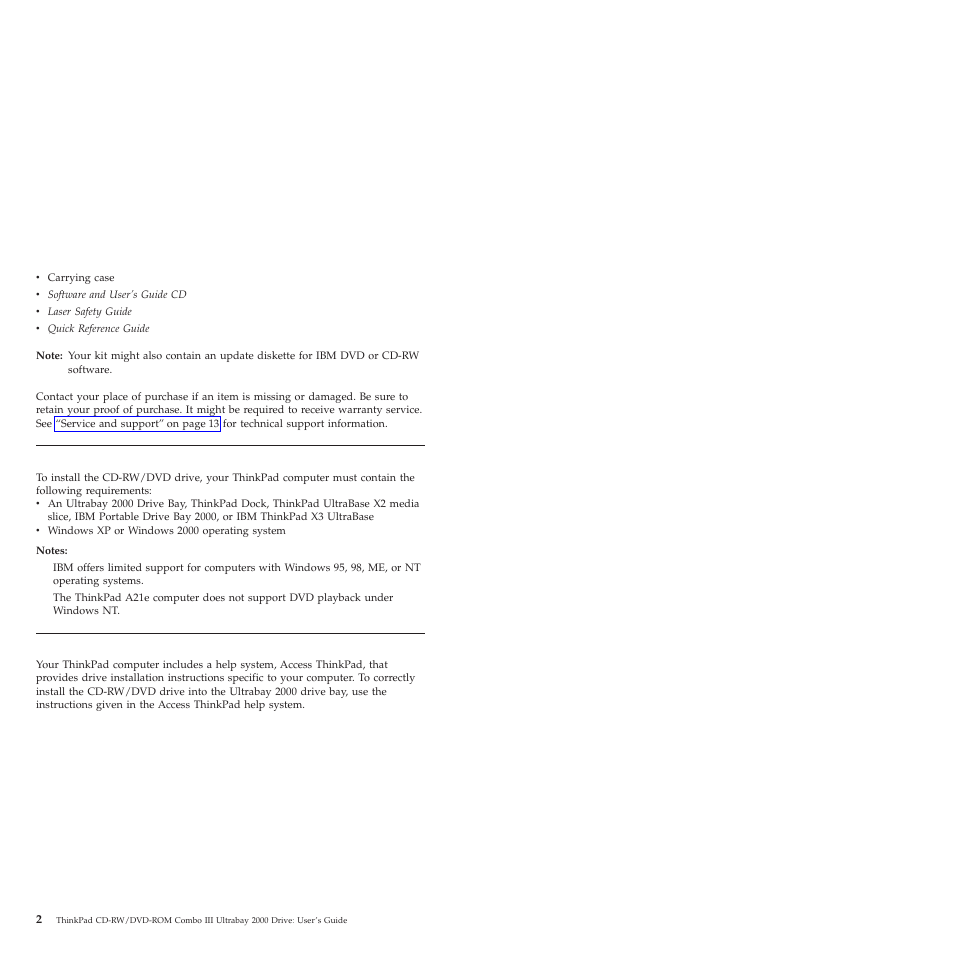 Installation requirements, Installing the drive | IBM ThinkPad 22P6982 User Manual | Page 10 / 42