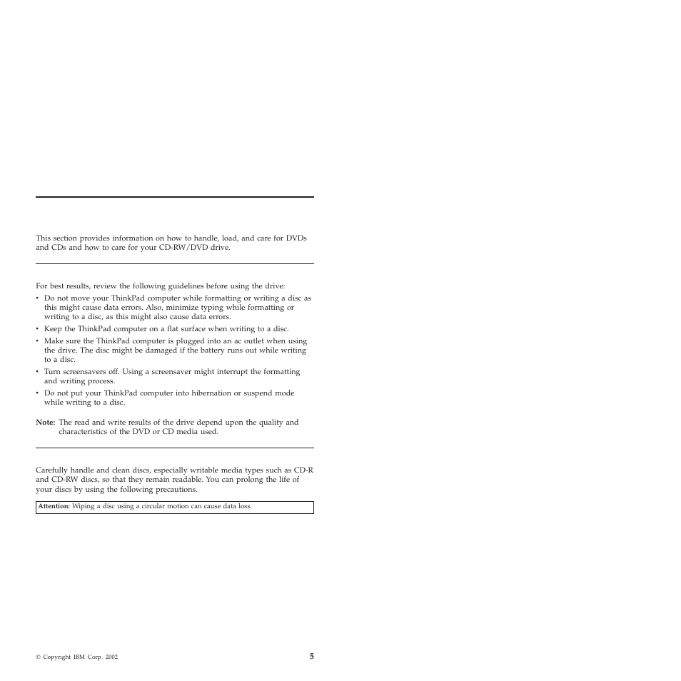 Chapter 2. using the cd-rw/dvd drive, Before you begin, Handling and caring for a disc | IBM ThinkPad 22P6982 User Manual | Page 13 / 42