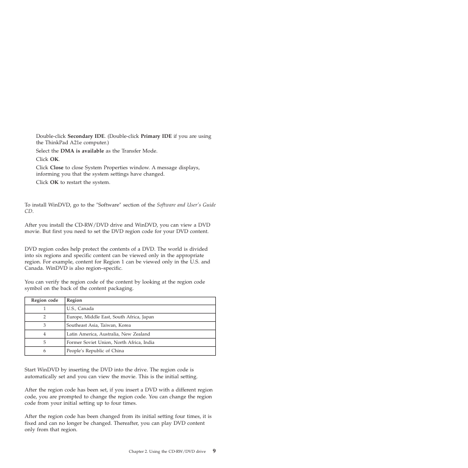 Installing windvd and viewing a dvd movie, Dvd region codes | IBM ThinkPad 22P6982 User Manual | Page 17 / 42