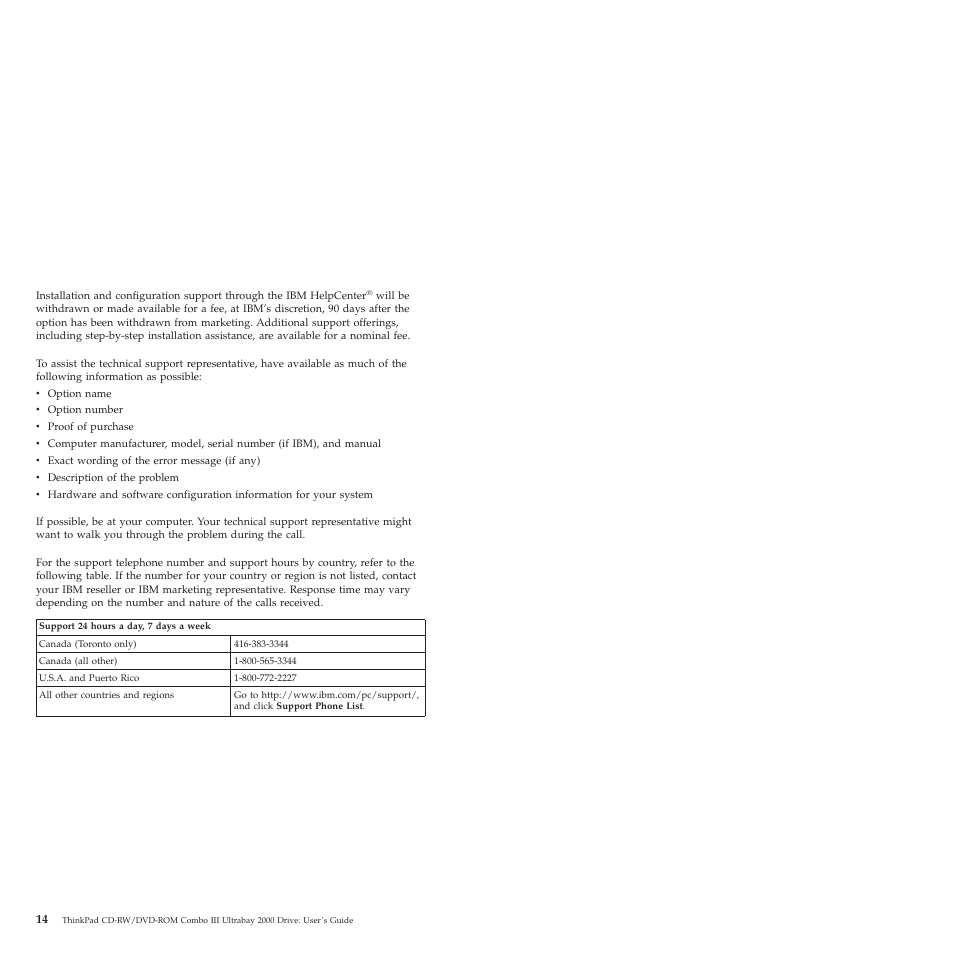 Telephone technical support | IBM ThinkPad 22P6982 User Manual | Page 22 / 42