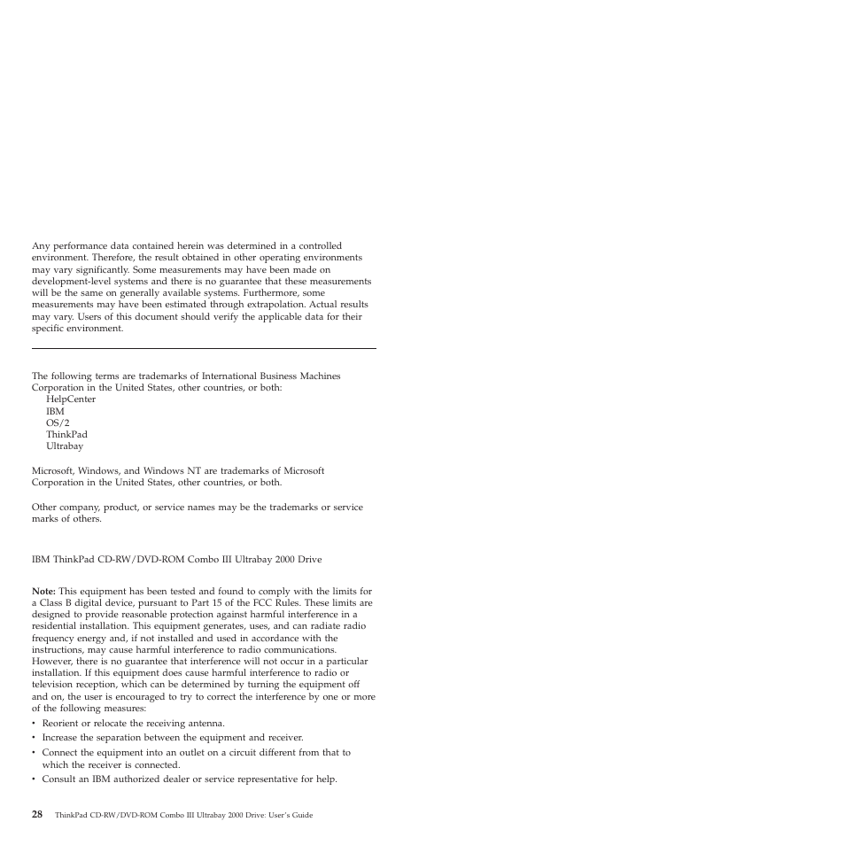Trademarks, Electronic emission notices, Federal communications commission (fcc) statement | IBM ThinkPad 22P6982 User Manual | Page 36 / 42