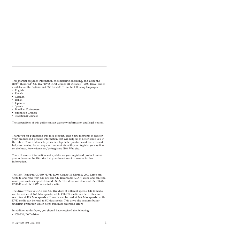 Chapter 1. about the cd-rw/dvd drive, Product registration, Product description | IBM ThinkPad 22P6982 User Manual | Page 9 / 42