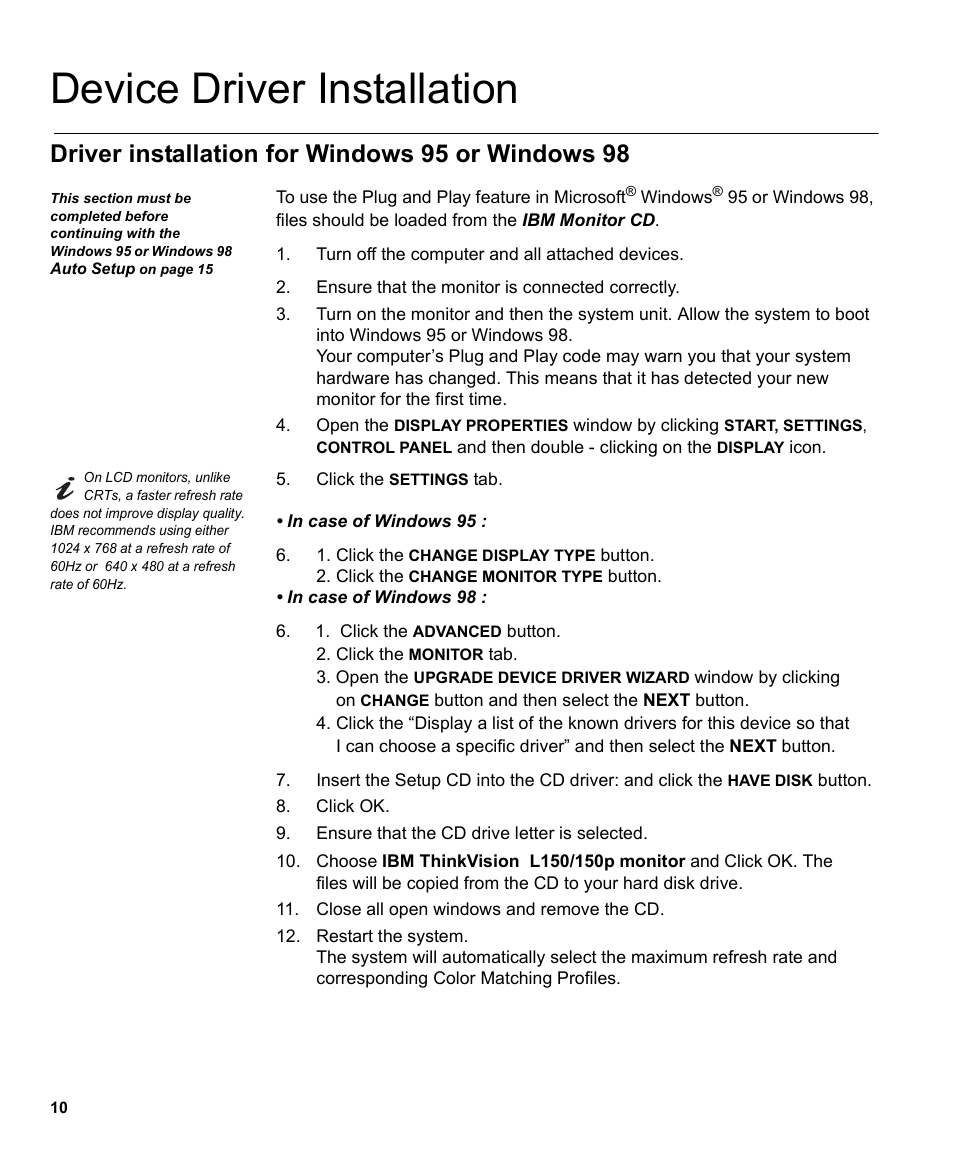 Device driver installation, Driver installation for windows 95 or windows 98 | IBM 150P User Manual | Page 12 / 35