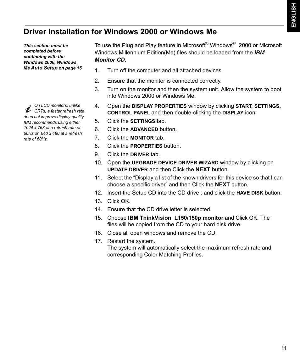 Driver installation for windows 2000 or windows me | IBM 150P User Manual | Page 13 / 35