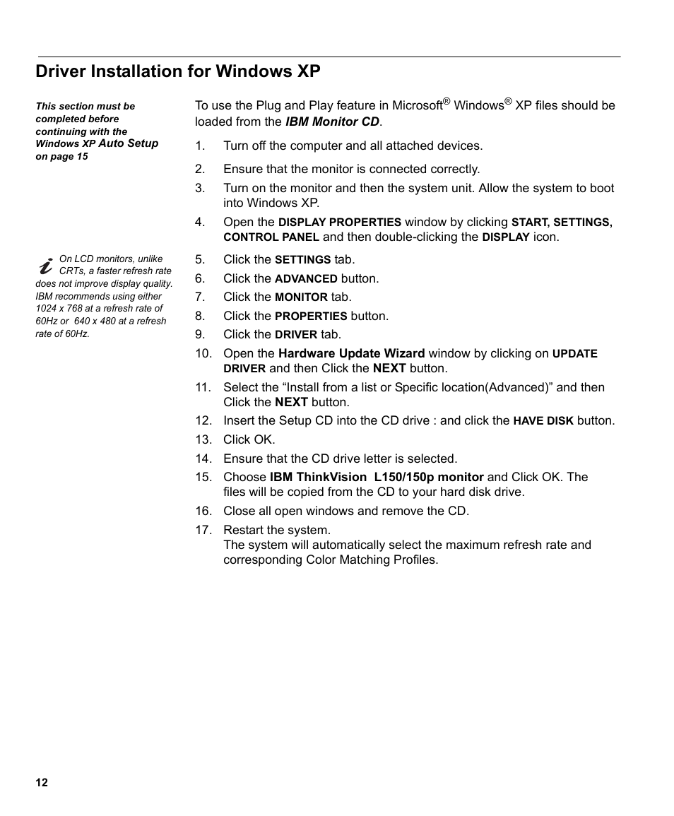 Driver installation for windows xp | IBM 150P User Manual | Page 14 / 35