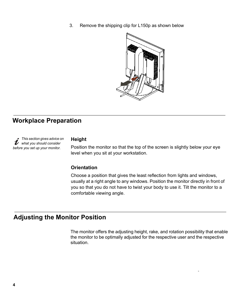 Workplace preparation, Adjusting the monitor position | IBM 150P User Manual | Page 6 / 35