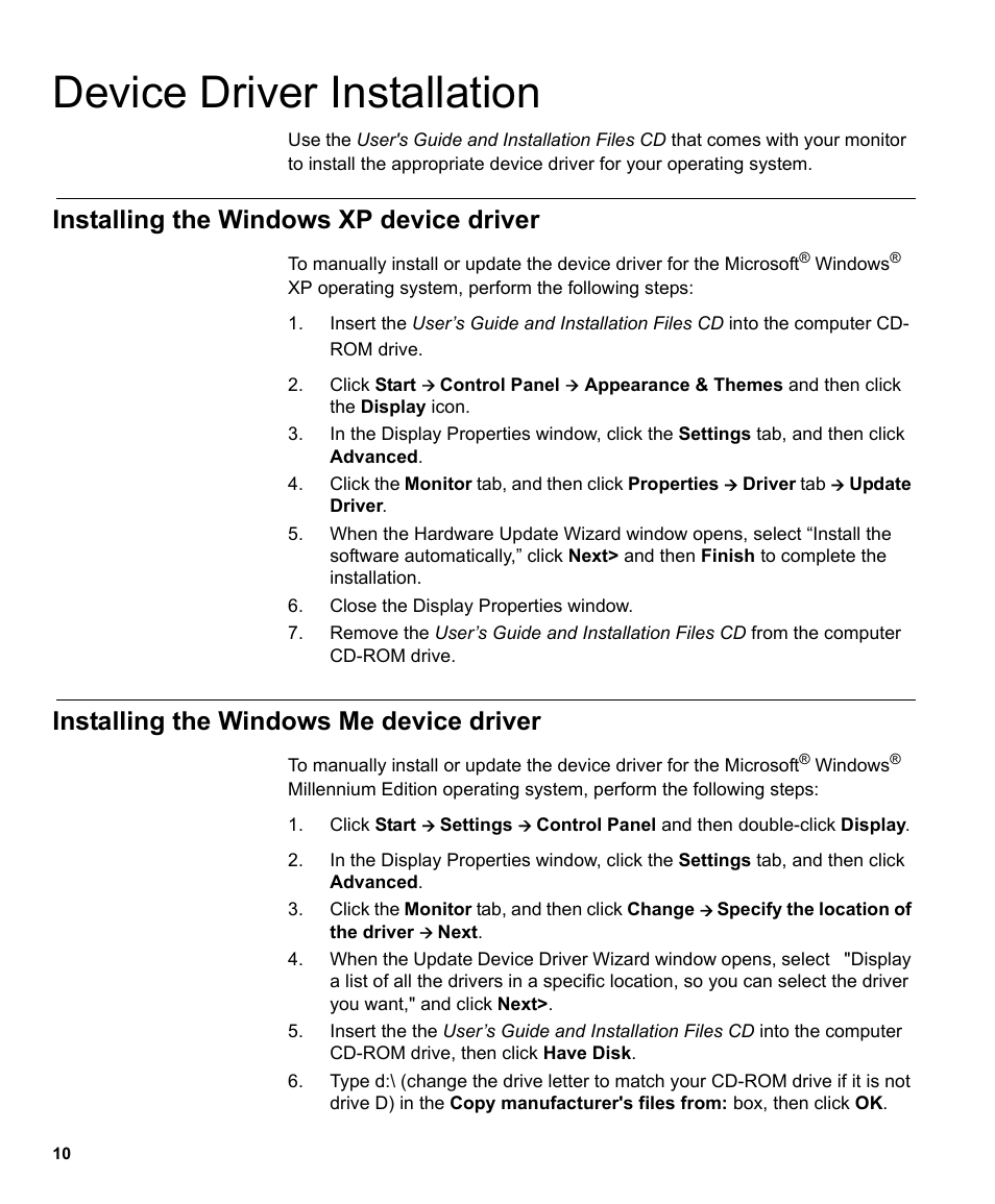 Device driver installation, Installing the windows xp device driver, Installing the windows me device driver | IBM L191p User Manual | Page 12 / 38