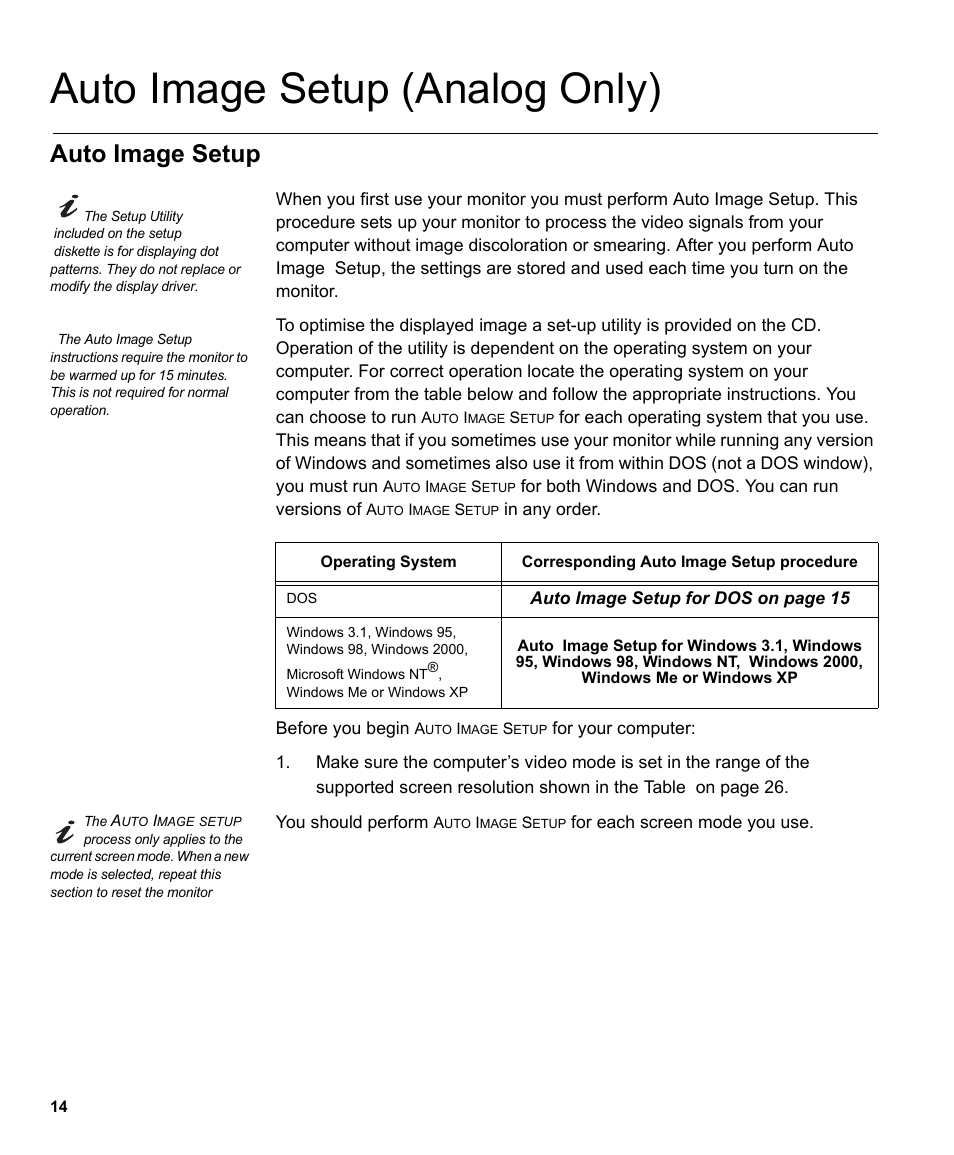 Auto image setup (analog only), Auto image setup | IBM L191p User Manual | Page 16 / 38