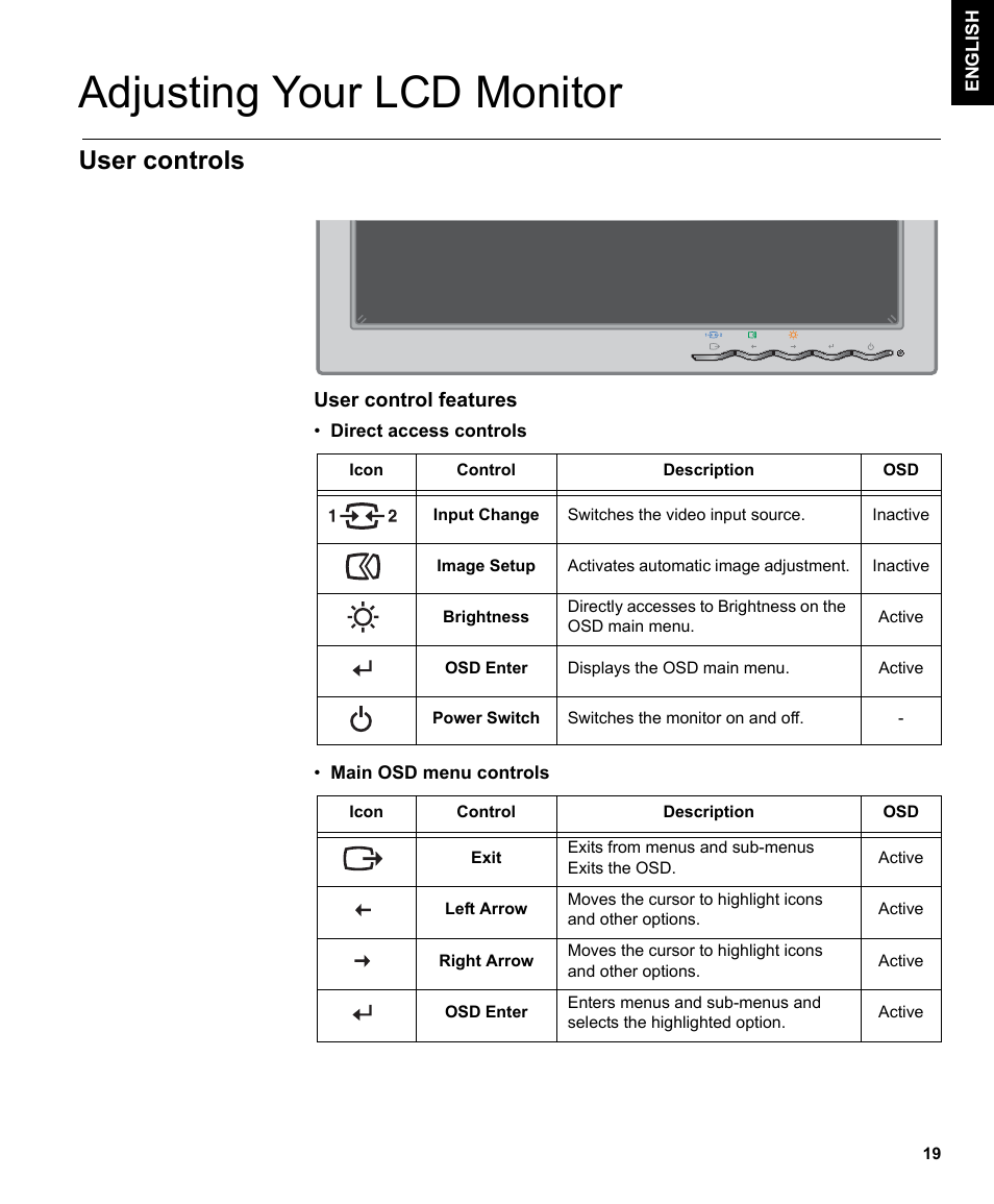 Adjusting your lcd monitor, User controls | IBM L191p User Manual | Page 21 / 38