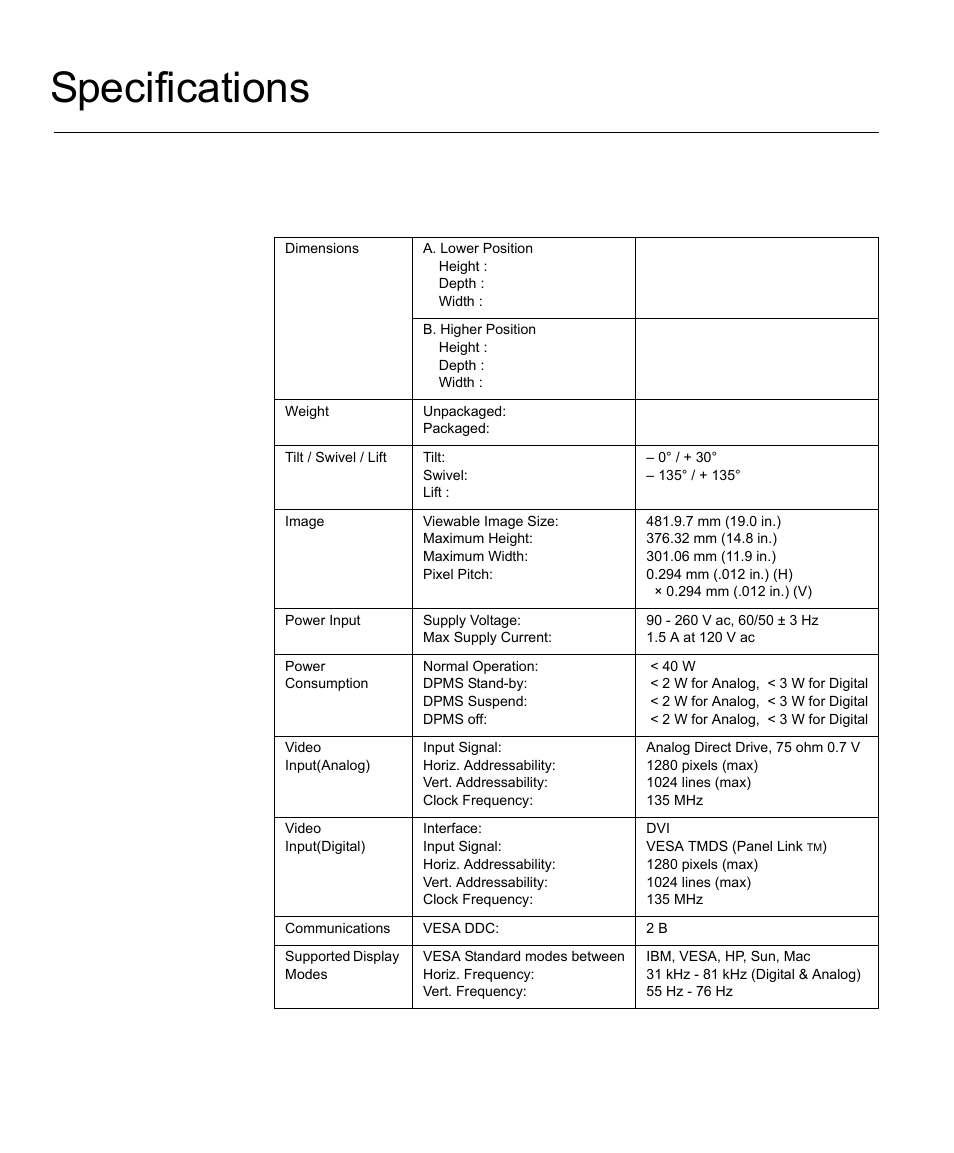 Specifications | IBM L191p User Manual | Page 34 / 38