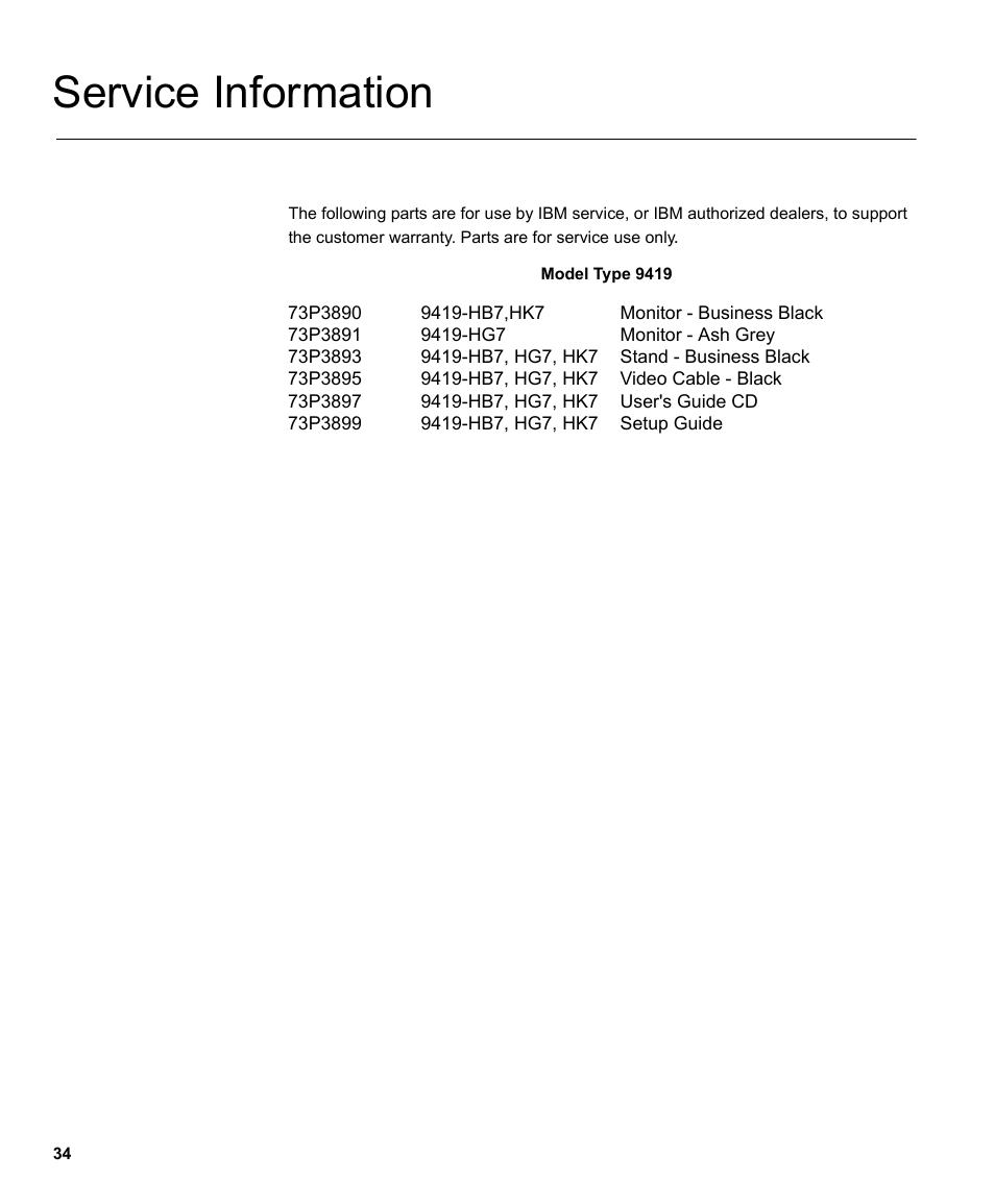 Service information | IBM L191p User Manual | Page 36 / 38
