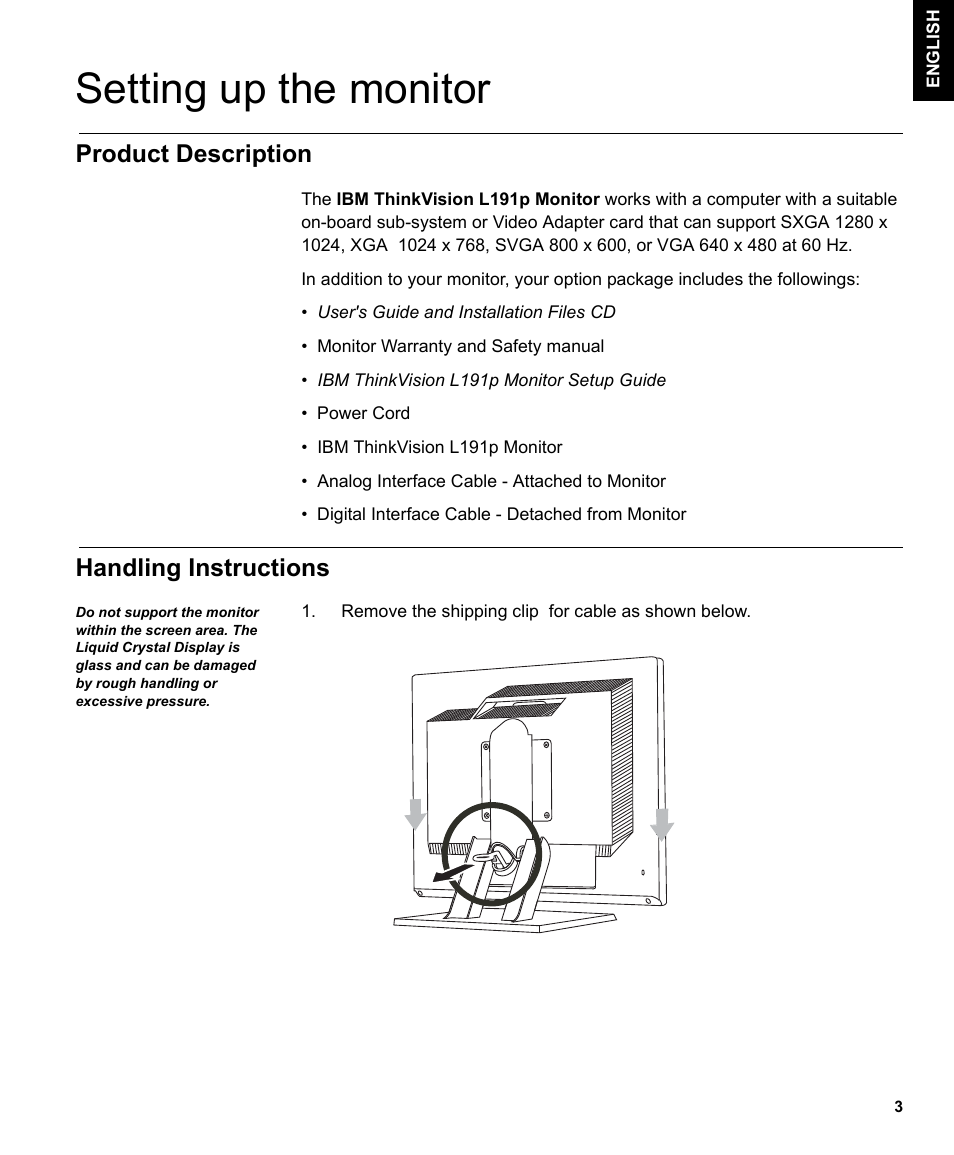 Setting up the monitor, Product description, Handling instructions | IBM L191p User Manual | Page 5 / 38