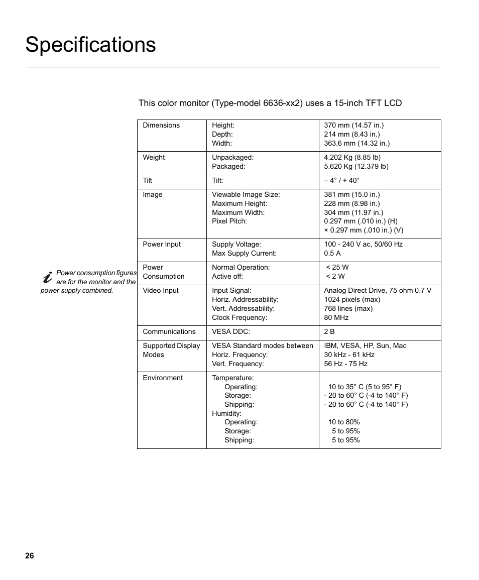 Specifications | IBM L150 User Manual | Page 29 / 33