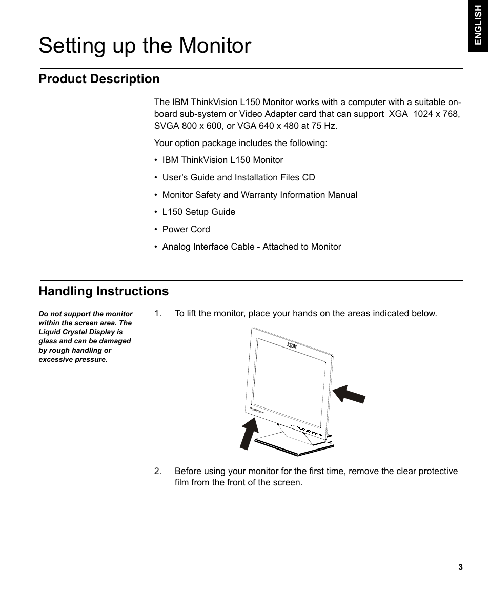 Setting up the monitor, Product description, Handling instructions | Product description handling instructions | IBM L150 User Manual | Page 6 / 33